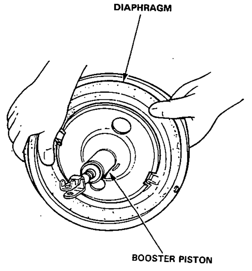 Two hands removing the diaphragm from the booster piston.