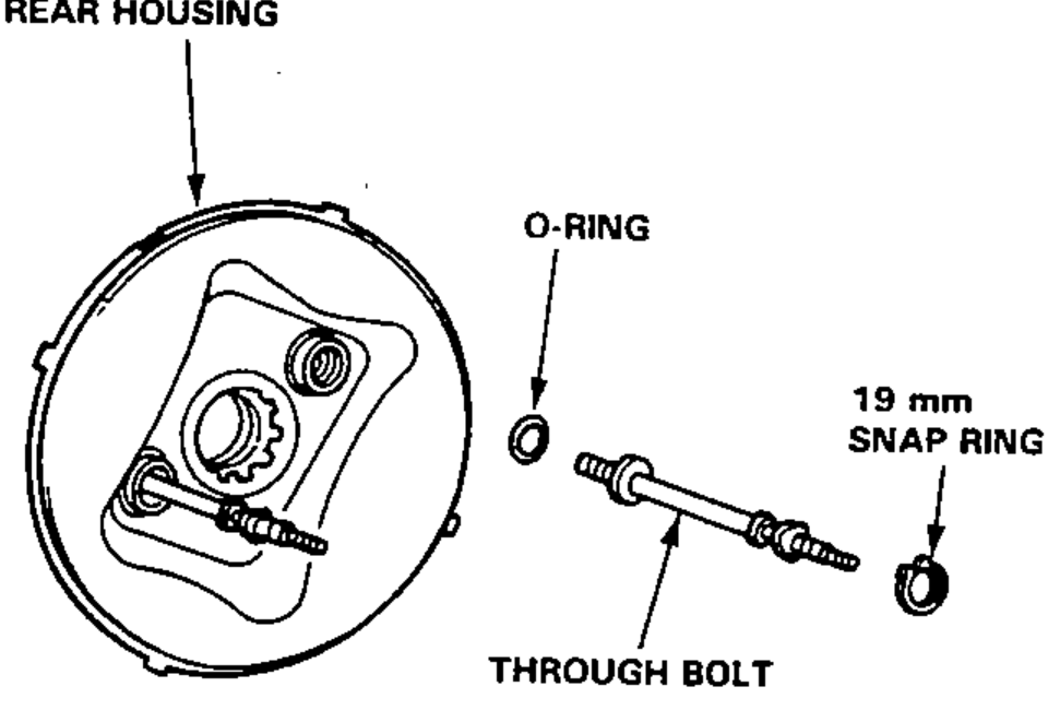 Exploded view of the rear housing with O-ring, through bolt and 19 mm snap ring being installed on the rear housing.