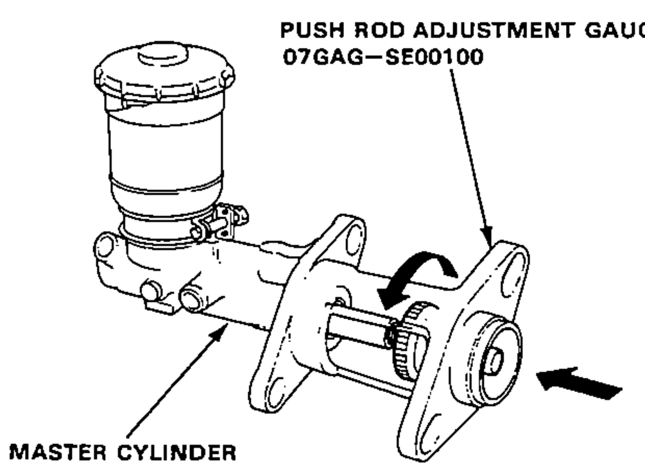 Master cylinder with the Push Rod Adjustment Gauge fitted, adjusting the bolt so its top is flush with the end of the master cylinder piston.