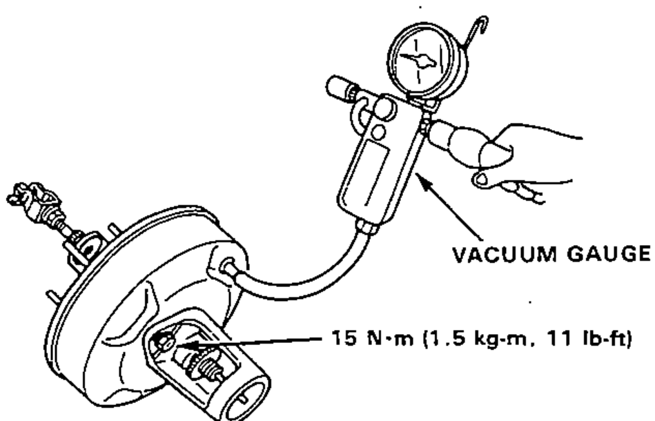 Booster out of car connected in-line with a vacuum gauge; hand holding gauge, with tightening torque callout for the gauge fitting.
