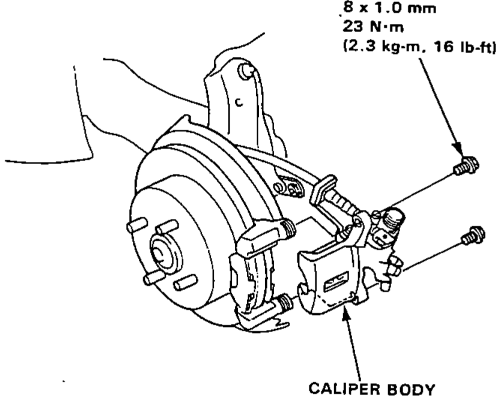 Rear brake caliper being removed from the bracket after removing the two caliper mounting bolts.