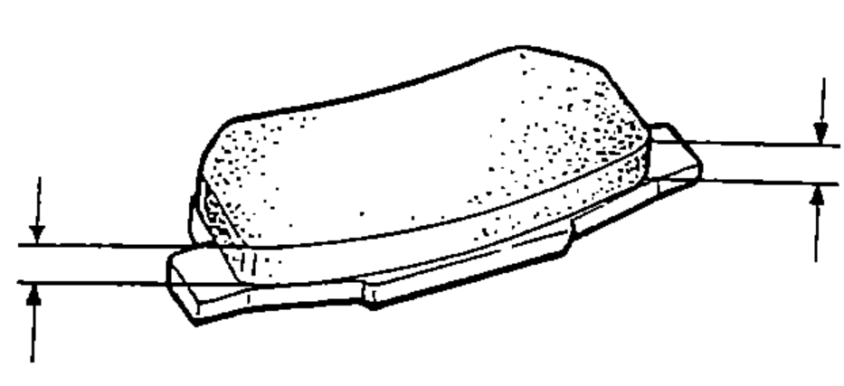 Brake pad cross-section illustrating measurement of the lining thickness with a vernier caliper; vertical dimension arrows mark the thickness.