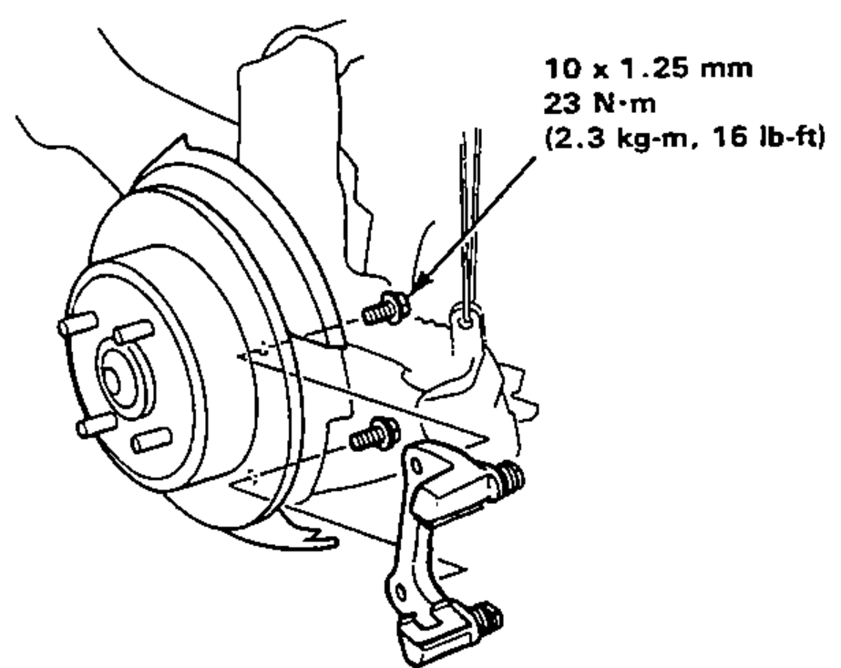 Removing the two caliper bracket mounting bolts and caliper bracket from the hub, with tightening-torque callout for the bolts.