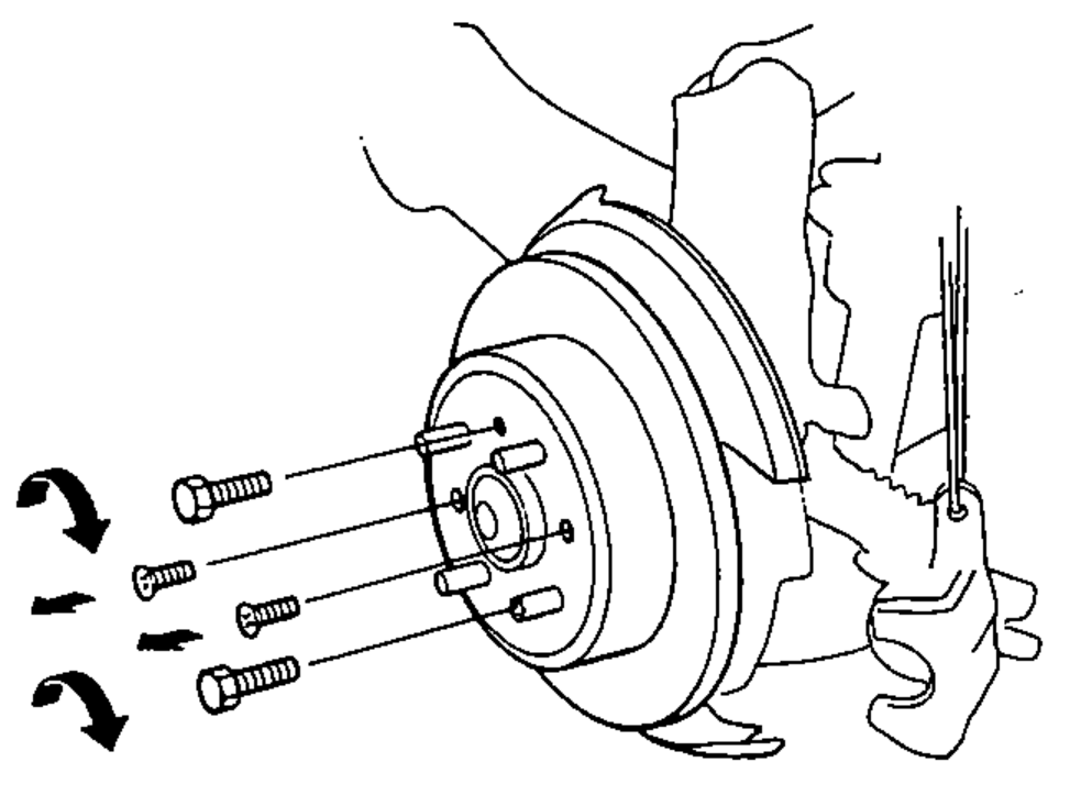 Removing the two 6 mm screws and pulling the brake disc off the hub; 8 mm bolts can be threaded into the holes to free a stuck disc.