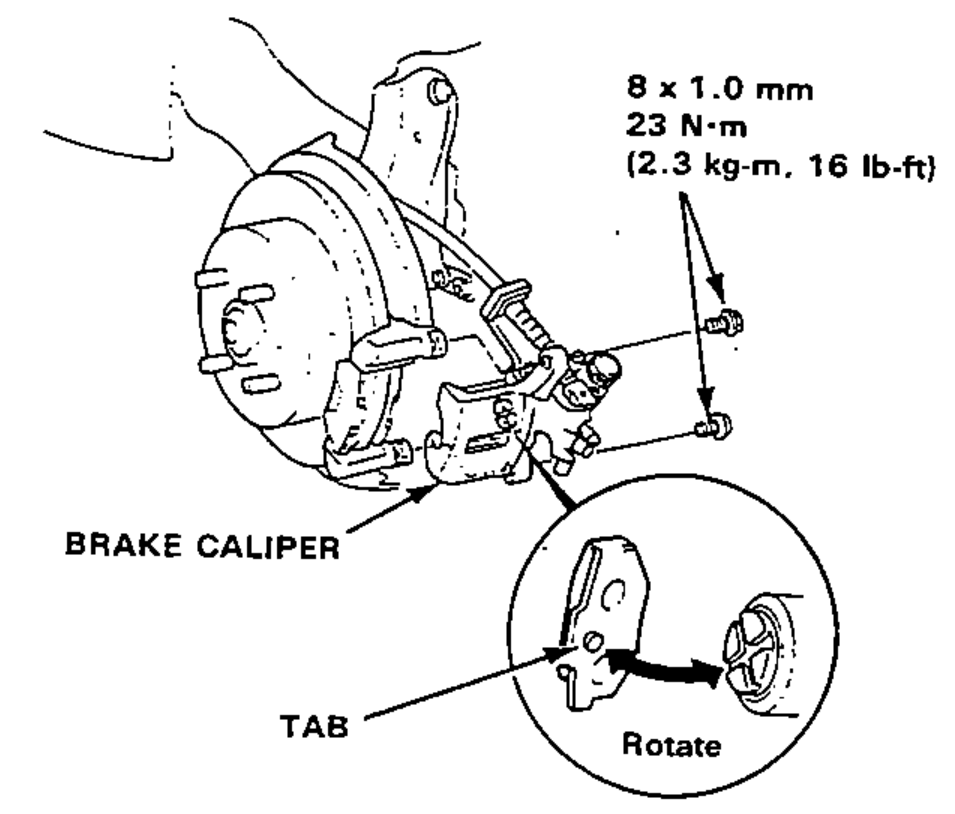 Installing the brake caliper on the bracket with tightening-torque callout for the caliper bolts; inset detail shows aligning the piston cutout tab and rotating the piston.