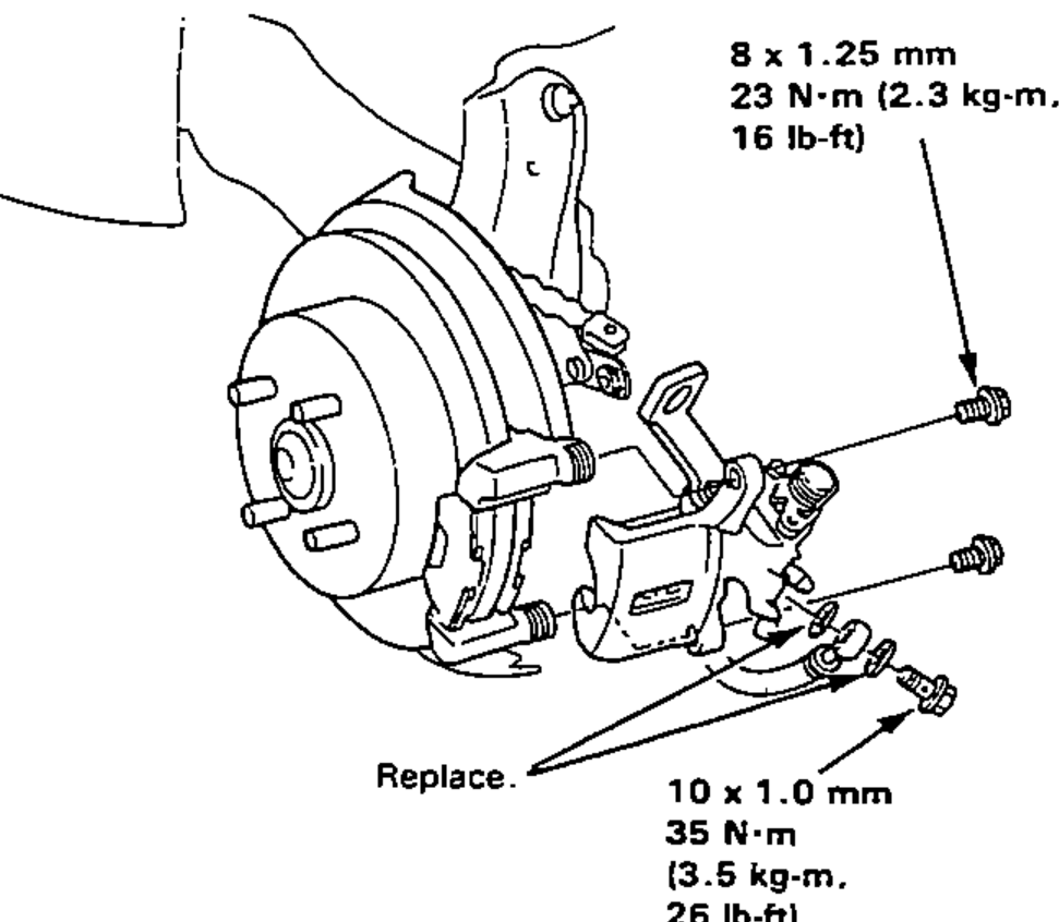 Rear caliper on the bracket showing removal of the banjo bolt/brake hose and the two caliper mounting bolts; tightening-torque callouts for the mounting bolt and the banjo bolt, with sealing washers marked replace.