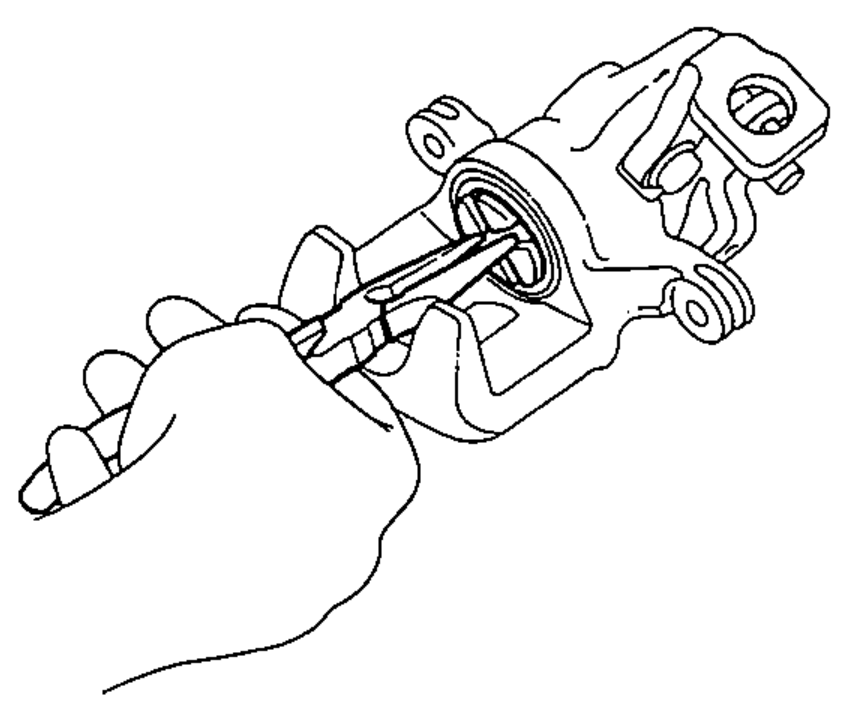Removing the piston and piston boot from the caliper by hand while rotating the piston, using pliers.