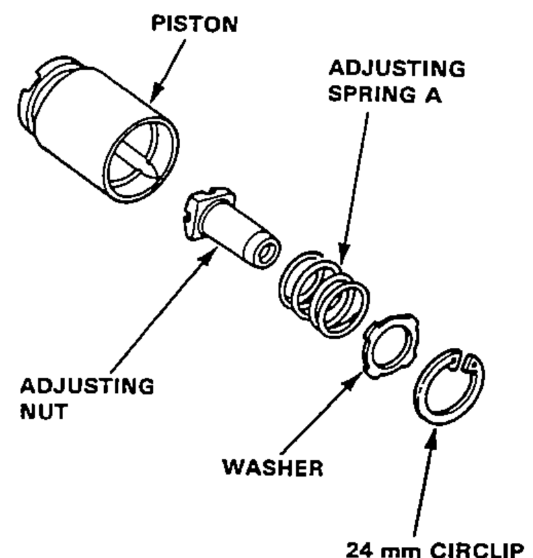 Exploded view of the piston internals: piston, adjusting nut, adjusting spring A, washer and 24 mm circlip.