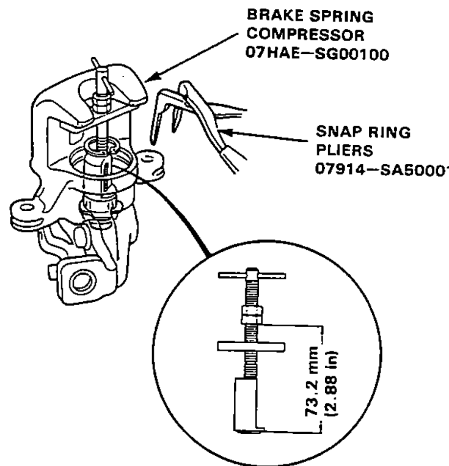 Brake Spring Compressor special tool installed between the caliper body and spring guide, compressing adjusting spring B; inset detail shows the shaft dimension. Snap ring pliers used to remove the circlip.