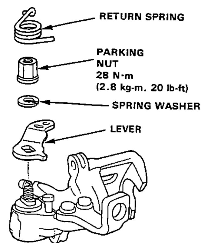 Installing the lever, spring washer, parking nut and return spring on the caliper; tightening-torque callout for the parking nut.