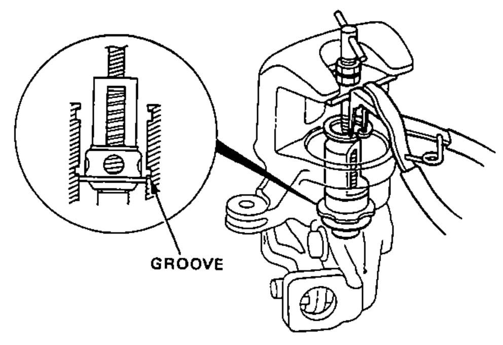 Detail view (with circular magnified inset) of the caliper showing the flared end of the spring cover positioned below the circlip groove.