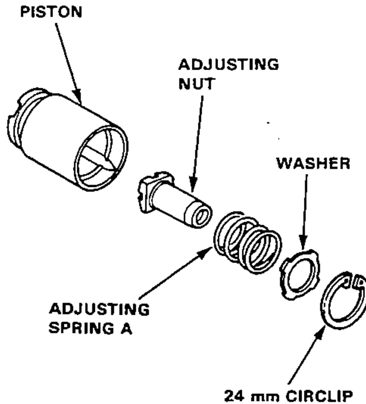 Exploded view of the piston end of the rear caliper showing the piston, adjusting nut, adjusting spring A, washer and 24 mm circlip in assembly order.