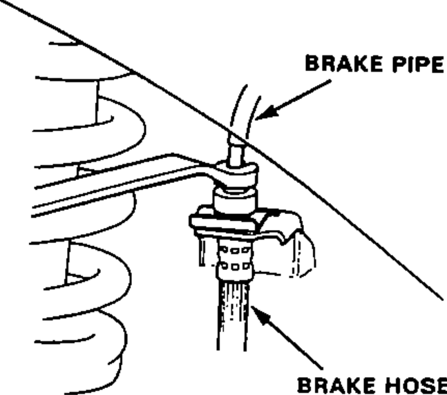 Front strut/coil-spring area showing the brake pipe routed down to the brake hose joint at the damper. Illustrates disconnecting the brake hose from the brake pipe.
