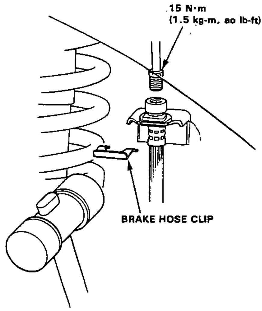 Coil spring and damper showing the brake hose clip installed on the brake hose at the mounting bracket, with the brake-line joint torque callout.