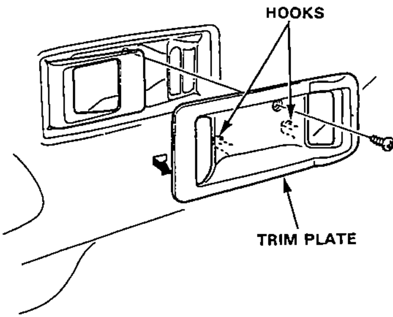 Inside handle trim plate being removed, showing the trim plate screw location and the hooks that retain the trim plate.