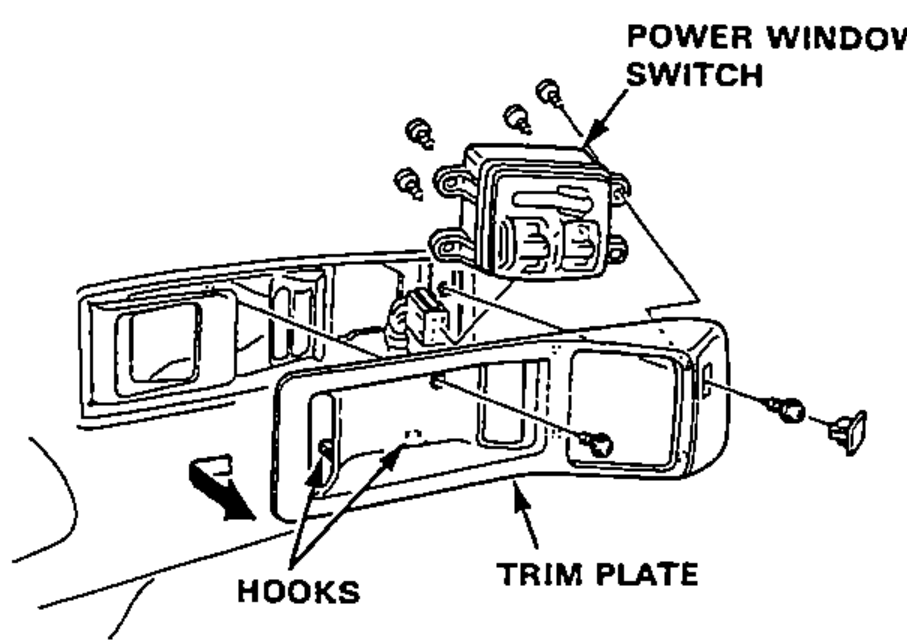 Power window switch being removed from the trim plate by removing the 4 screws; shows the switch, trim plate and retaining hooks.
