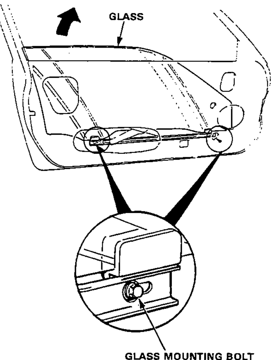 Door glass being raised and pulled out through the window slot; a magnified inset shows the glass mounting bolt in the regulator channel.