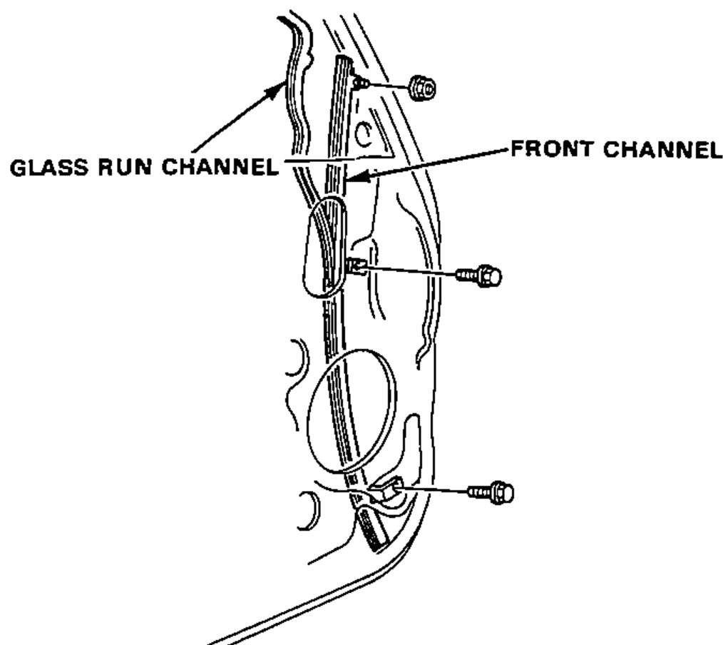 Cross-section of the door front pillar area showing the glass run channel and front channel with its 2 bolts and nut.