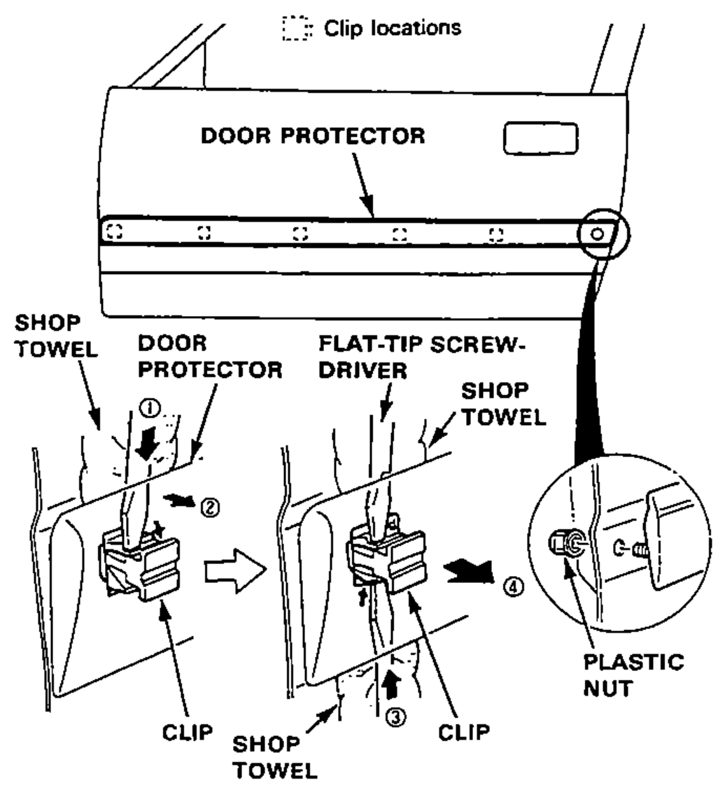 Door protector removal, showing clip locations along the protector and a step-by-step inset of detaching a clip using a flat-tip screwdriver and shop towels, plus the plastic nut.