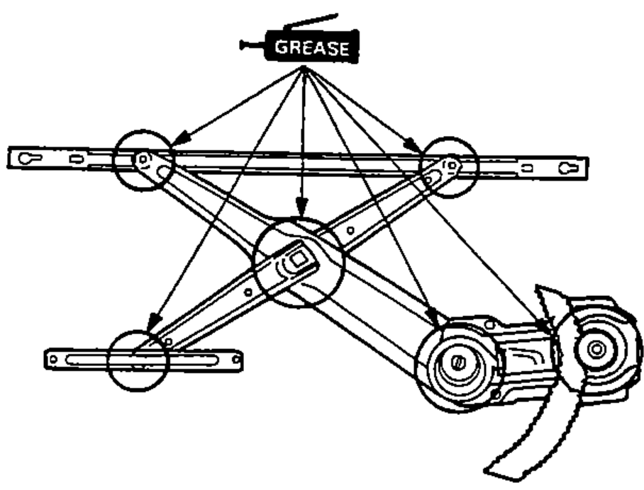 Window regulator with arrows pointing to all the sliding surfaces that must be greased before assembly.