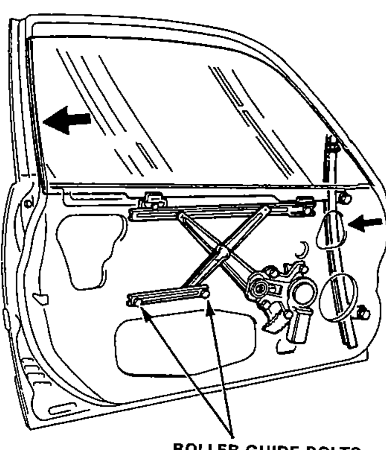 Door interior view with the window raised against the door sash, showing the roller guide bolts to tighten when adjusting window fit.