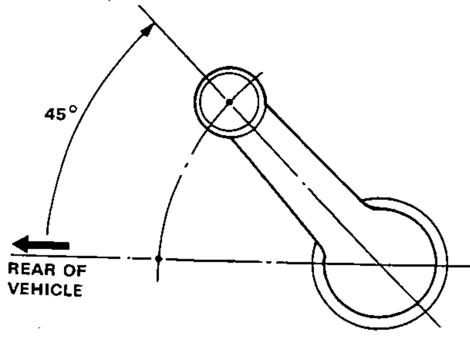 Regulator handle orientation diagram showing the handle pointing backward and up at a 45 degree angle relative to the rear of the vehicle with the window closed.