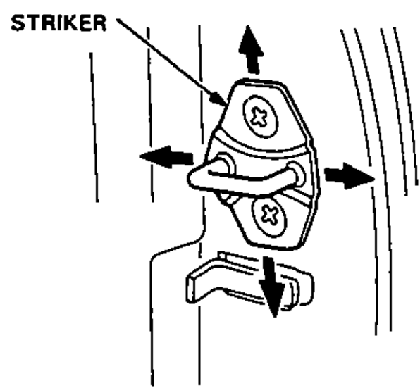 Door striker with directional arrows showing IN/OUT and UP/DOWN adjustment of the striker plate relative to the latch opening.