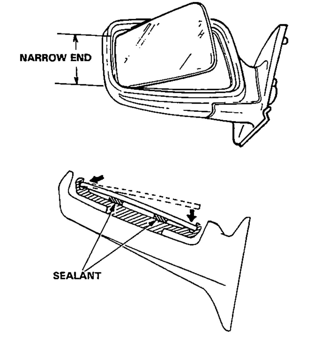 Mirror glass replacement, step 2. Shows installing the mirror glass into the mirror case narrow end first, with a lower detail view indicating where sealant is applied.