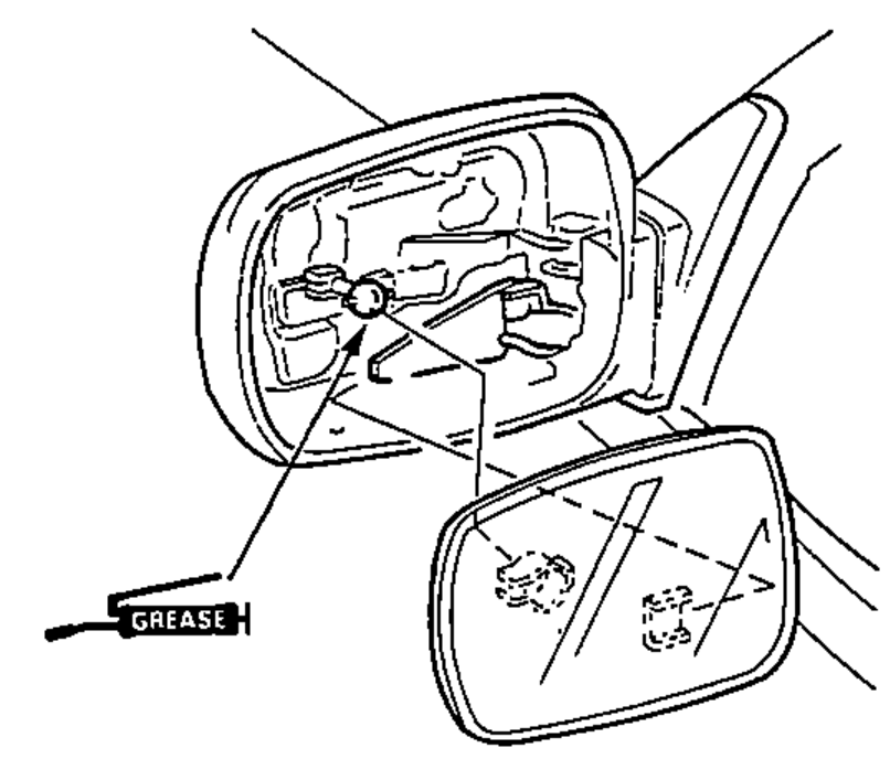 Mirror glass replacement step 3: rear of mirror housing showing the grease application location for reinstalling the mirror glass.