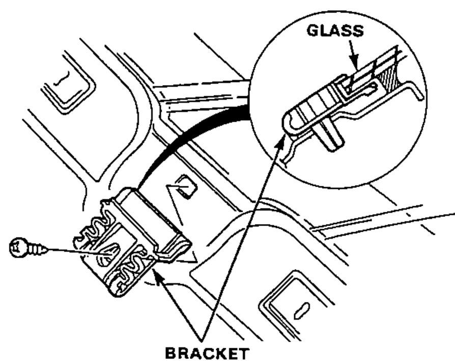 Detail of the glass bracket at the base of the windshield with a screw, and an inset close-up of the glass and bracket. Illustrates removing the right and left glass brackets.