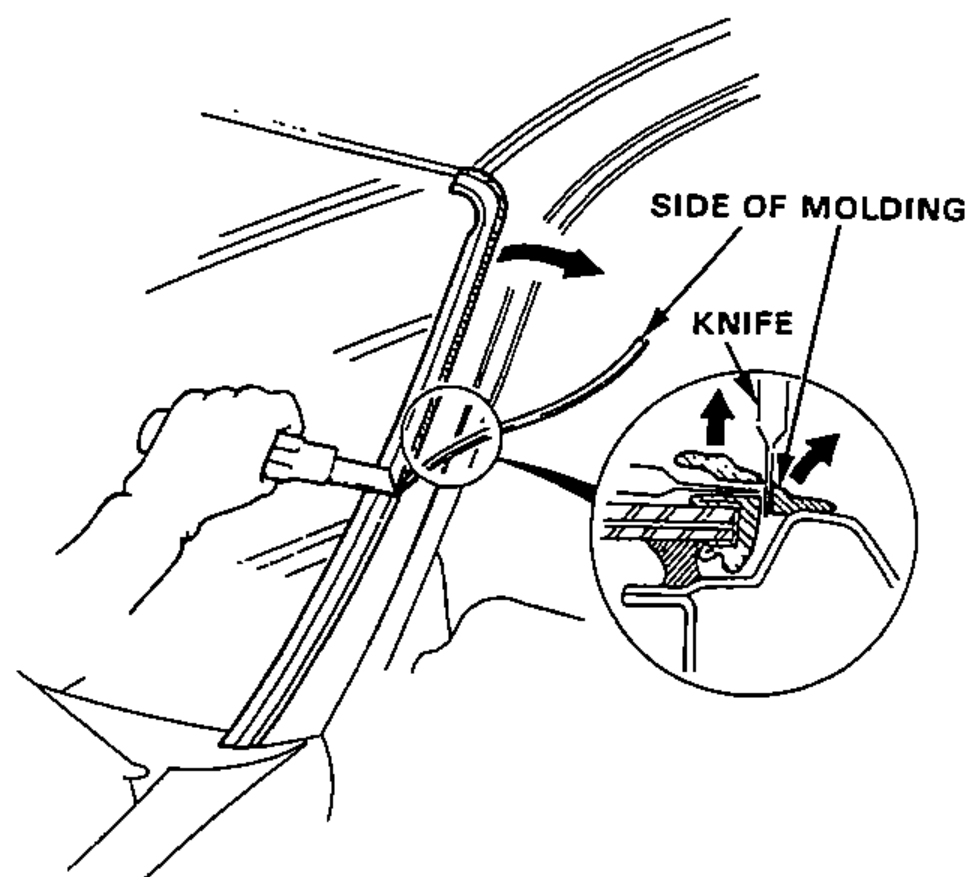 A hand using a knife to cut the side rubber portion off the molding at the A-pillar, with an inset cross-section detail of the knife cutting the side of the molding.