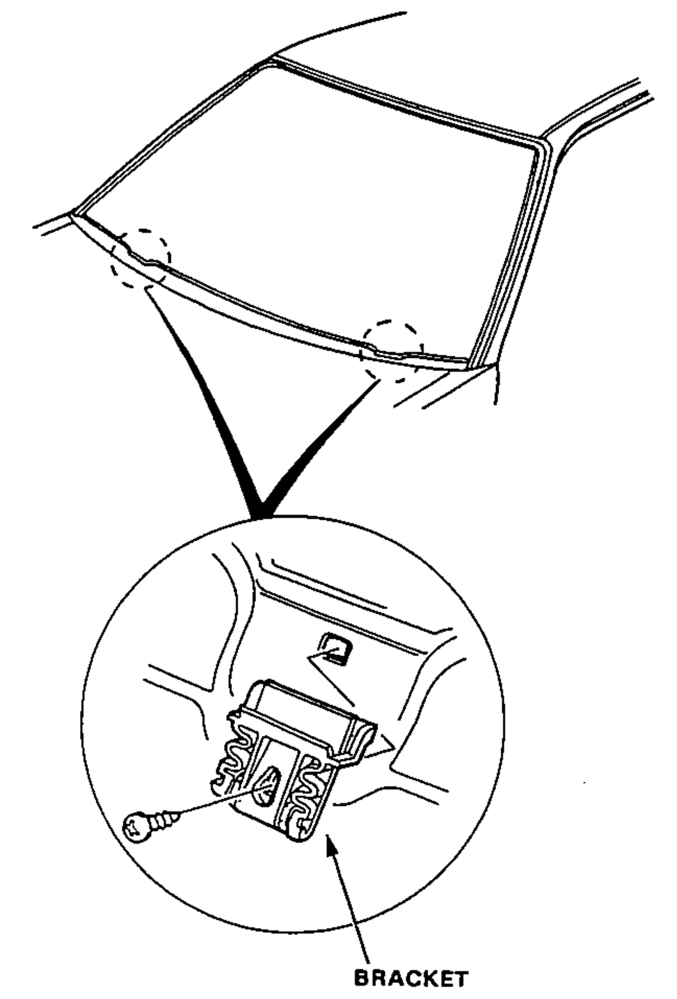 Windshield opening viewed from inside showing the location of the lower glass brackets, with an inset close-up of a bracket fastened with a screw.