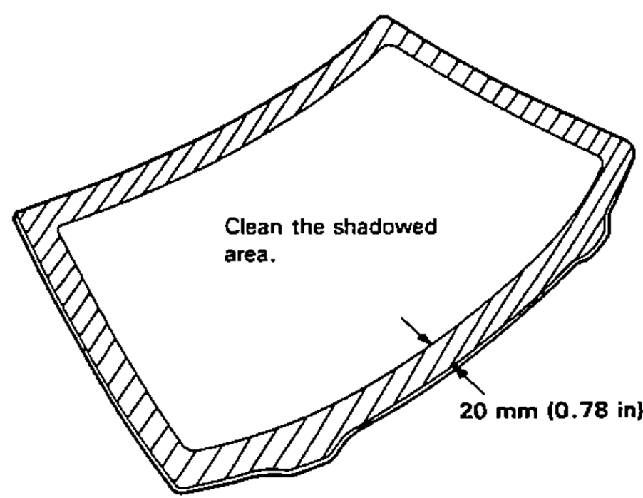 The windshield glass (inside face) with the perimeter bonding band shaded ('Clean the shadowed area'), a 20 mm (0.78 in) wide band around the edge to be cleaned of old adhesive.