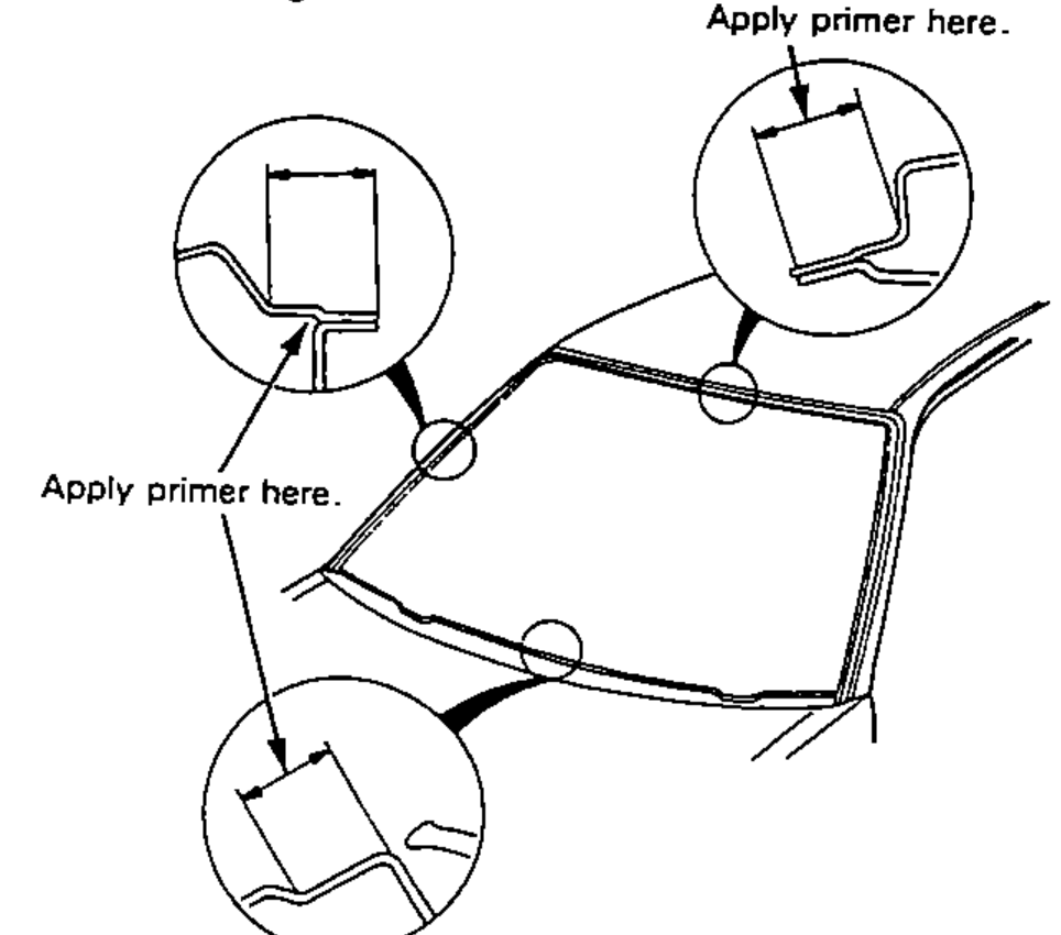 Windshield opening flange viewed from inside with three inset close-ups indicating where to apply body primer to the original adhesive around the window opening.