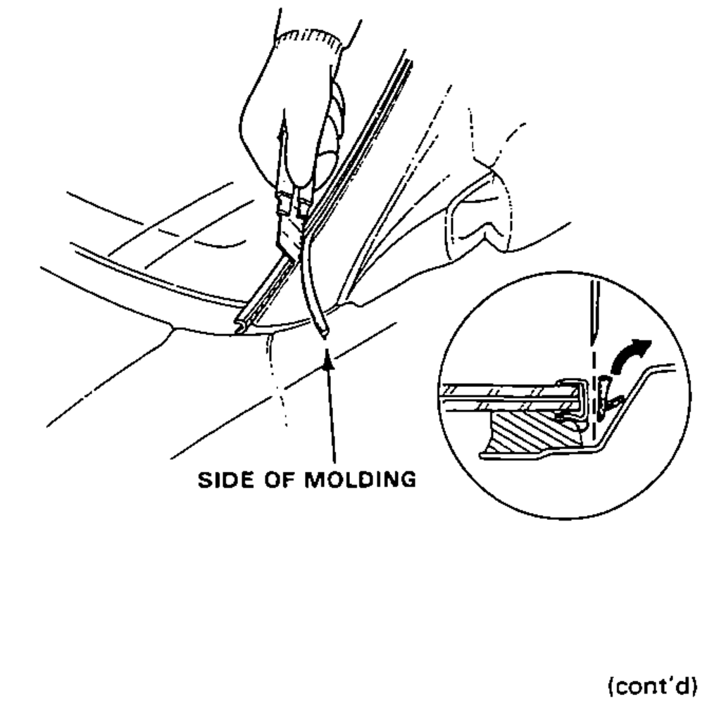 A hand cutting the side rubber portion off the molding with a knife, with an inset cross-section showing the cut at the side of the molding.