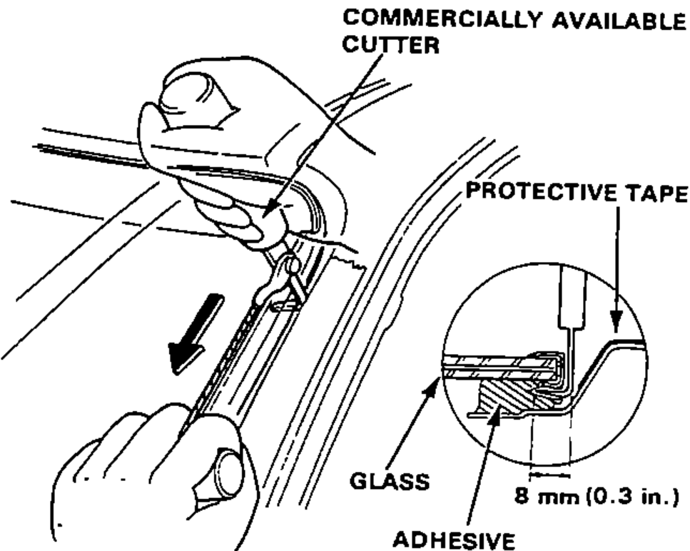 A commercially available L-angle bladed cutter cutting the bottom of the side molding along the protective tape, with an inset cross-section showing the glass, adhesive, protective tape and the 8 mm (0.3 in.) cutting width.