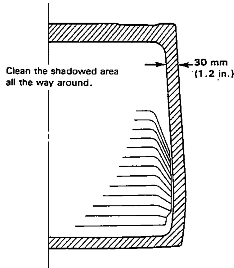 Cross-section of the window glass flange showing the area to be cleaned. A 30 mm (1.2 in.) wide band along the edge is to be cleaned all the way around; the shadowed (hatched) area marks the bonding surface.