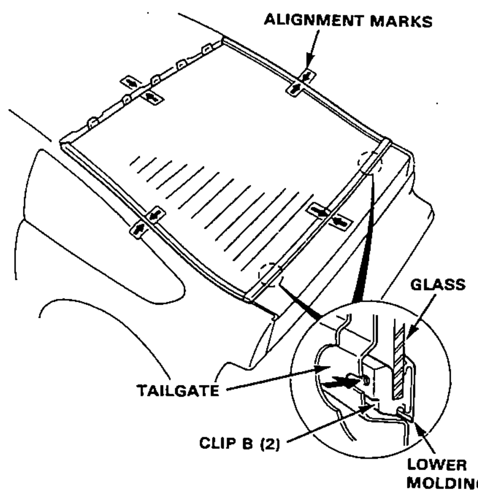 Rear view of glass set upright on the tailgate showing alignment marks at four points, with an enlarged detail circle of the lower edge showing GLASS, TAILGATE, CLIP B (2) and LOWER MOLDING.