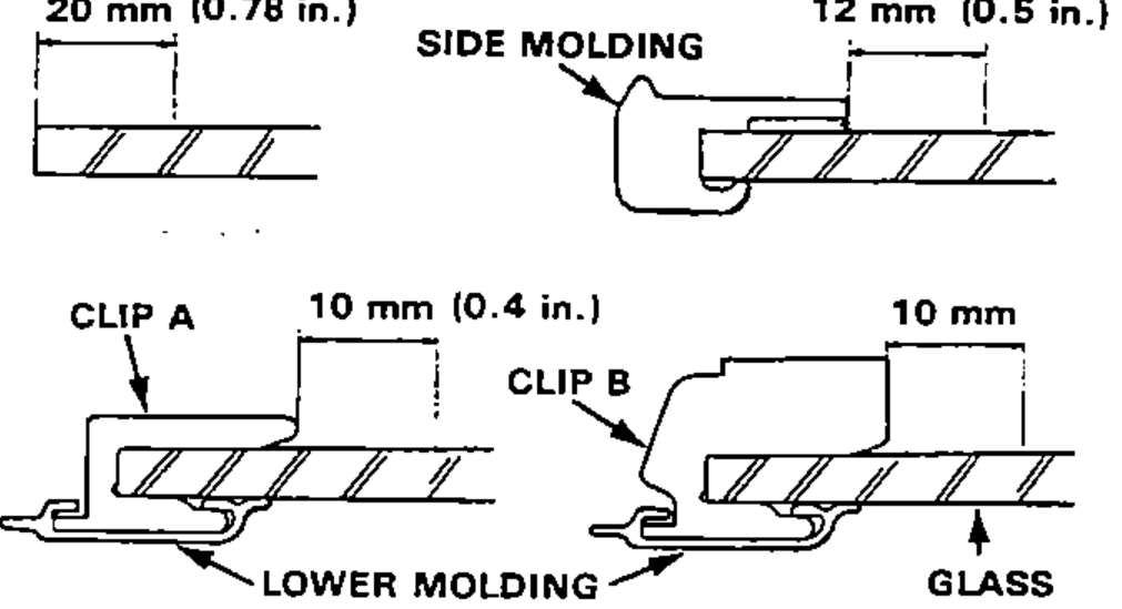 Cross-section details of the side molding and lower molding clips showing primer application widths along the glass edge.