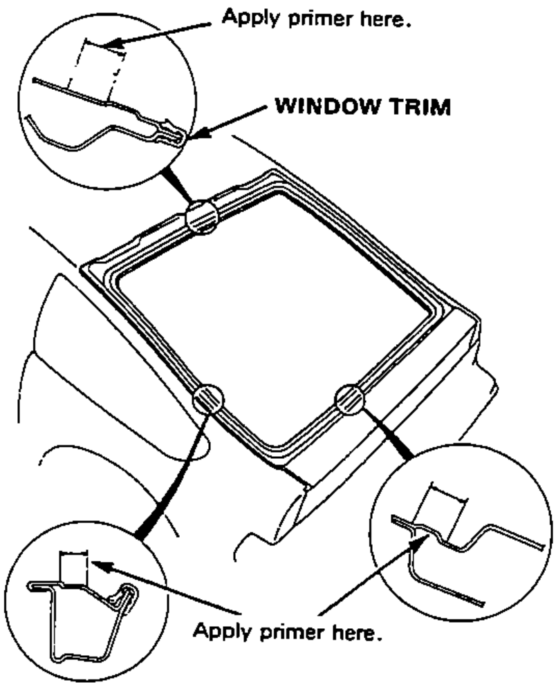 Rear view of the window opening flange showing where to apply body primer, with two enlarged detail circles of the window trim cross-section labelled 'Apply primer here.'