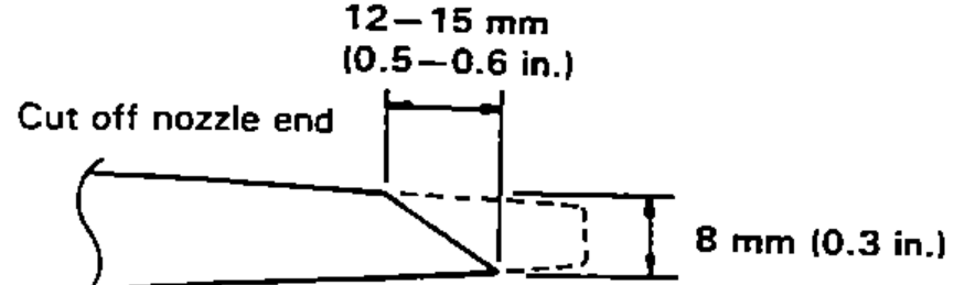 Side view of the adhesive cartridge nozzle showing the angled cut-off dimensions before filling.