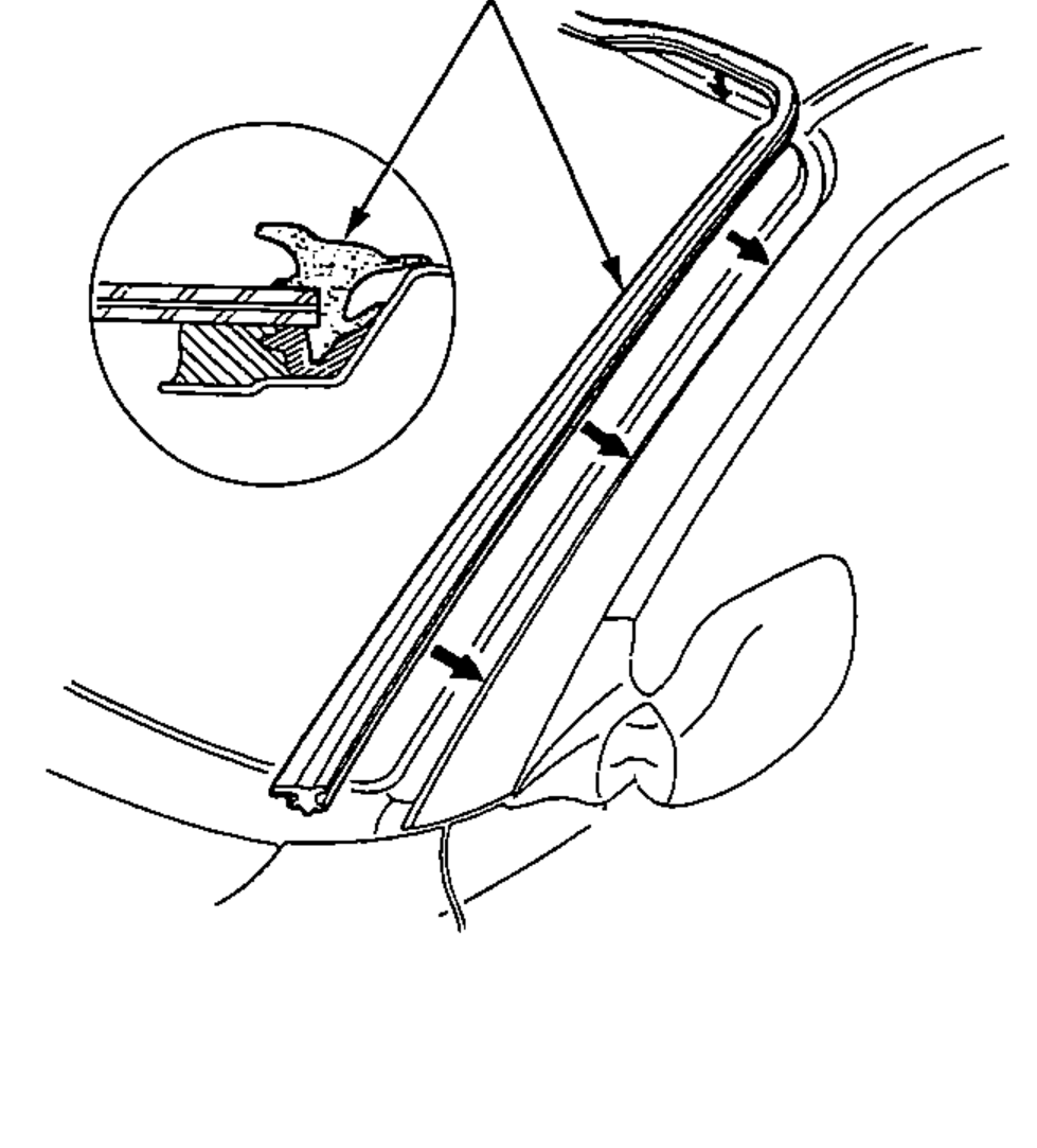 Installing the coreless replacement molding starting at the upper corner and pushing the top and side portions into place, with an inset cross-section of the service molding without a steel core.