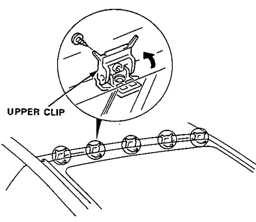 Detail of raising the upper clips after removing the screw; enlarged circle shows an upper clip on the body flange with the row of clips below.