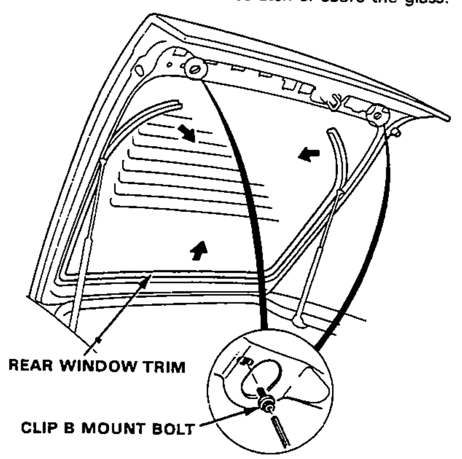 Rear window/tailgate viewed from inside showing the rear window trim and the lower molding clip B mount bolt; enlarged circle shows the clip B mount bolt location.