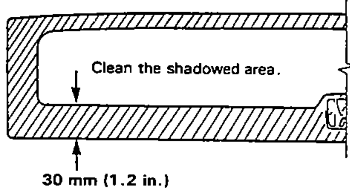 Cross-section of the glass flange bonding area with hatching, indicating the 30 mm (1.2 in.) shadowed area to be cleaned.