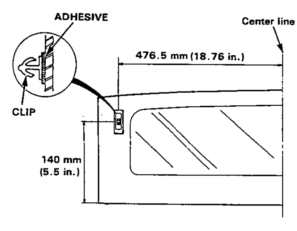Rear glass corner showing a clip glued to the inside face; enlarged circle shows the clip and adhesive; dimensions locate the clip from the center line.