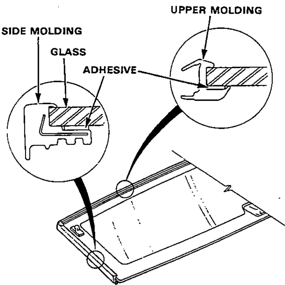 Cross-sections showing the upper and side moldings adhered to the edge of the glass, plus a view of the glass with molding positions.