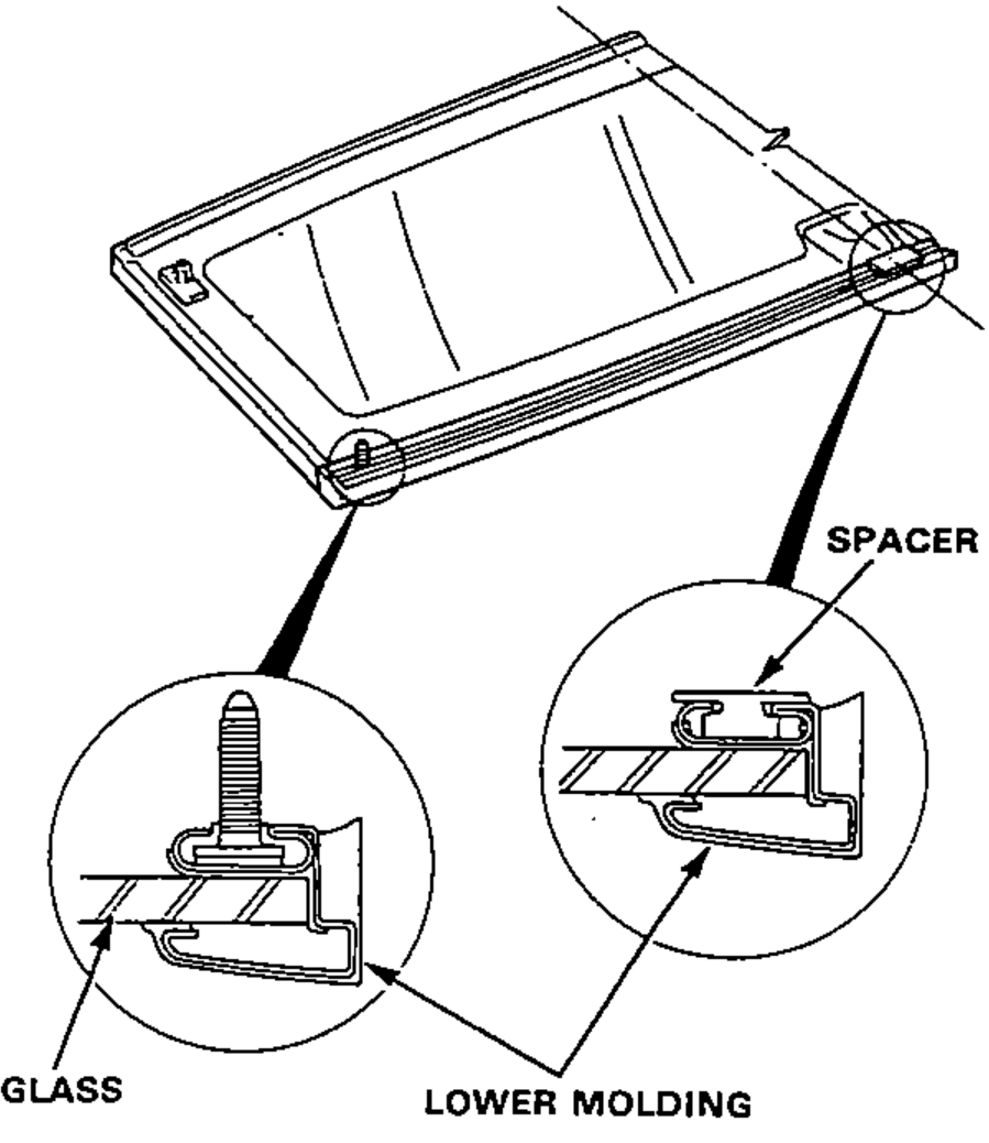Rear glass with the lower molding being installed; enlarged circles show the glass/lower-molding clip cross-section and the spacer cross-section.