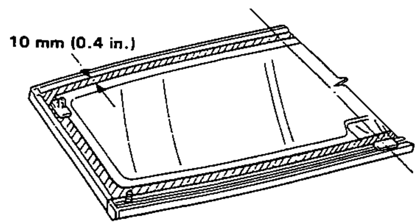 Rear glass in the window opening flange showing where to apply glass primer around the edge, dimensioned 10 mm from the edge.