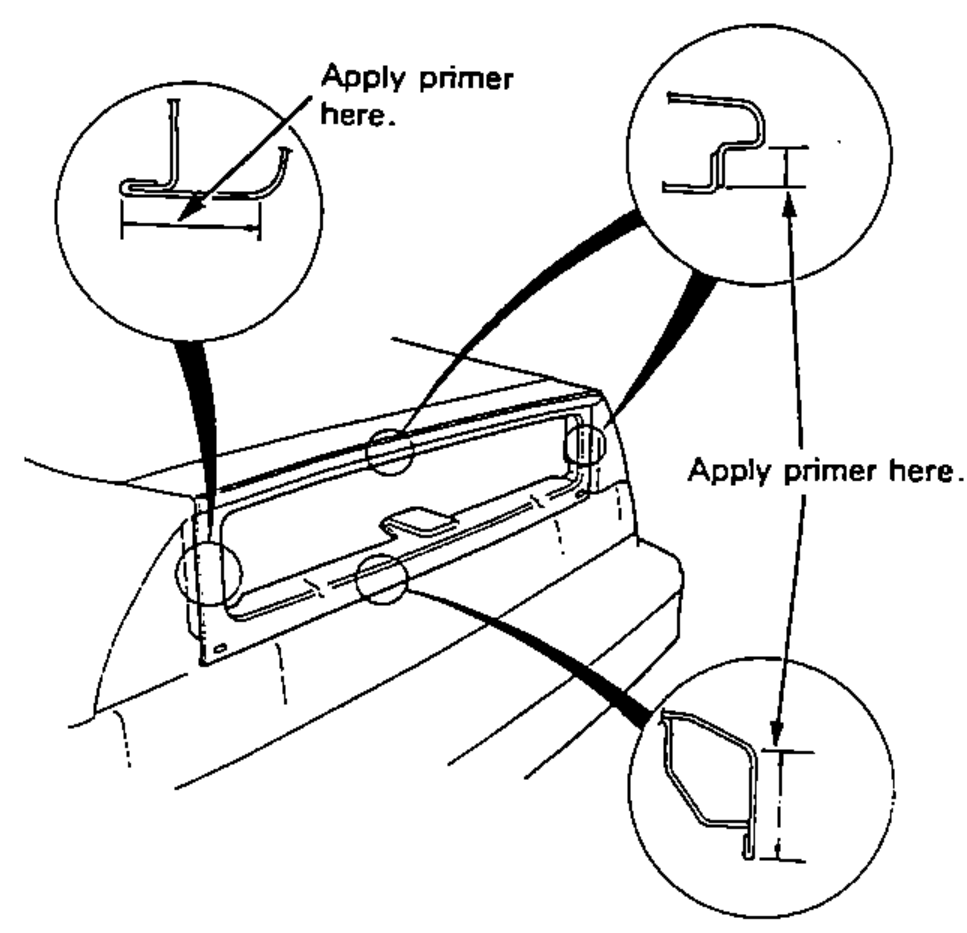 Body window opening flange showing where to apply body primer to the original adhesive; enlarged circles show the primer-application locations in cross-section.